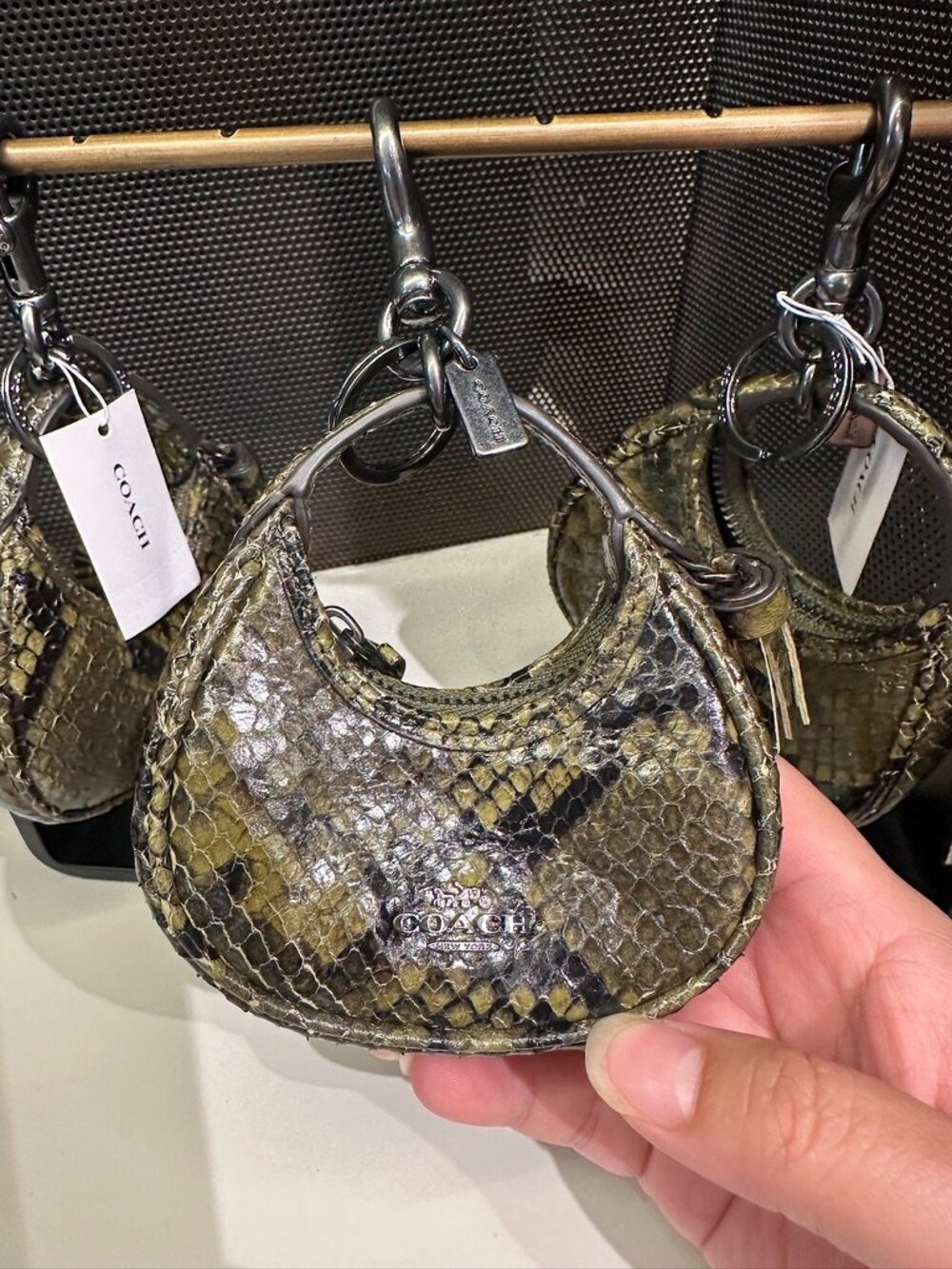 NWT! Coach CCF18 Mini Carmen Bag Charm Key Chain In Snake Leather Gunmetal/Olive
